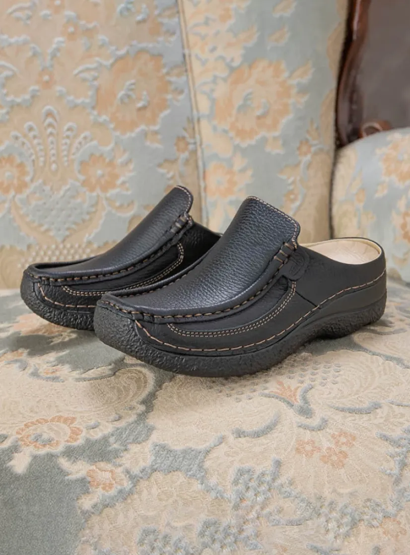 Wolky Roll Slide - zwart leer<DAMES Slippers|Klompen