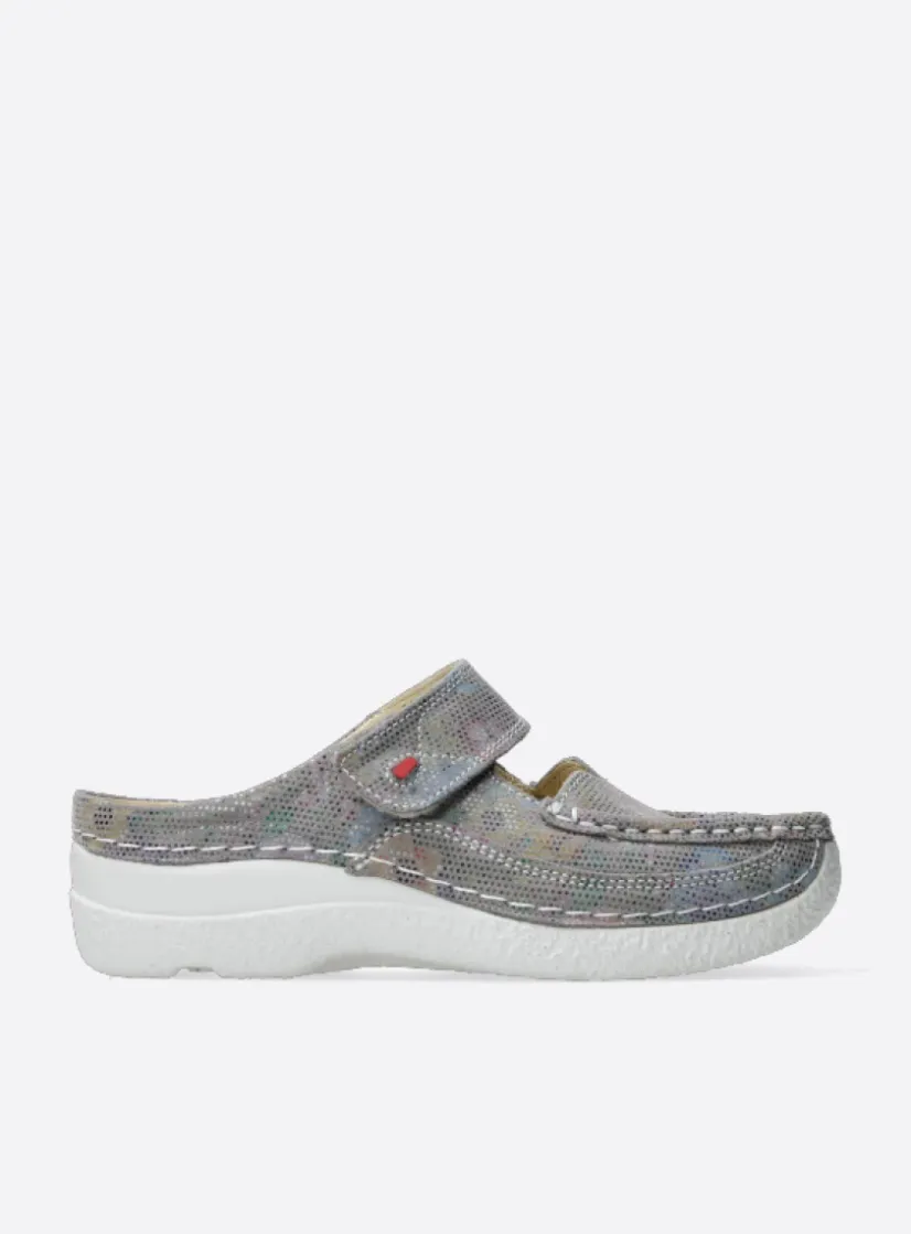 Wolky Roll Slipper - taupe flower<DAMES Slippers|Klompen