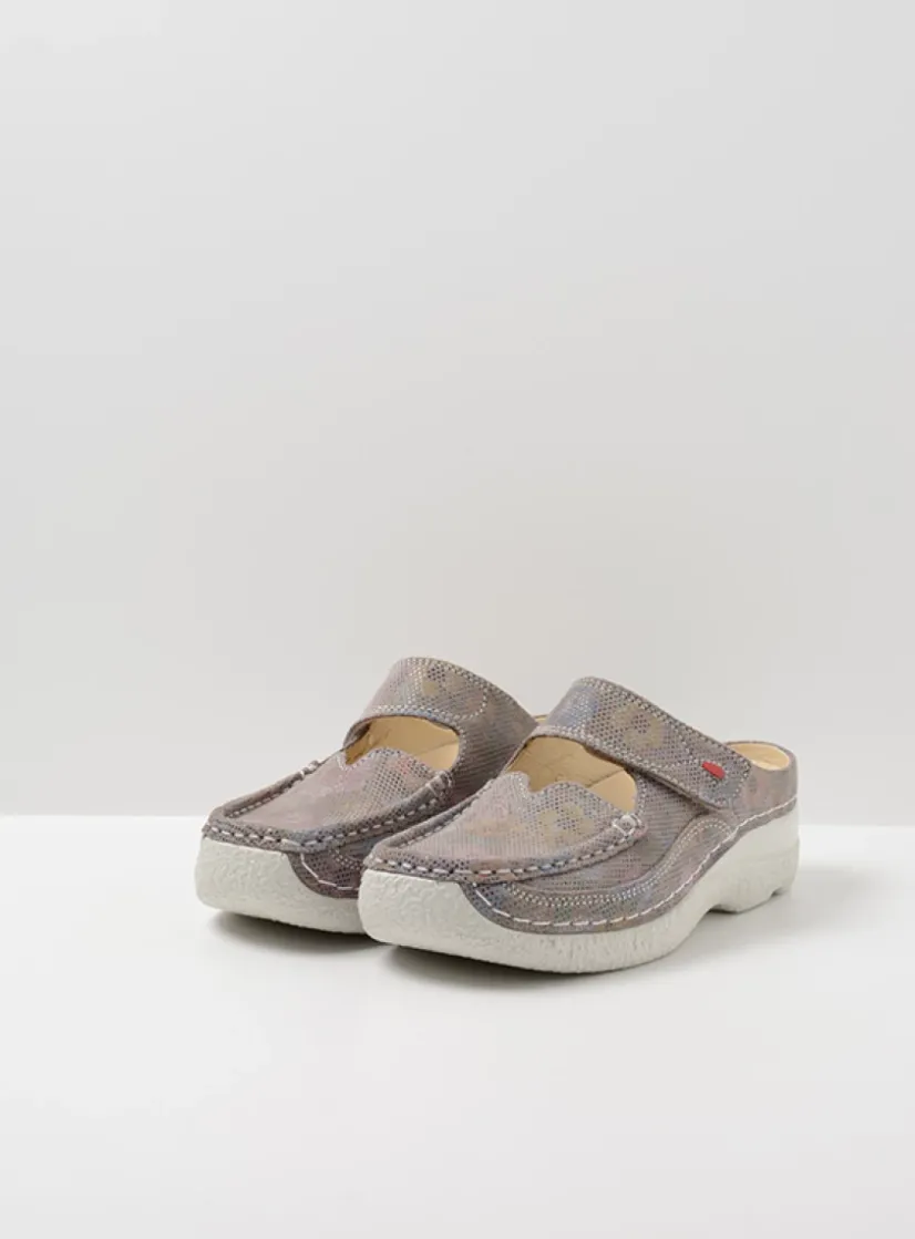 Wolky Roll Slipper - taupe flower<DAMES Slippers|Klompen