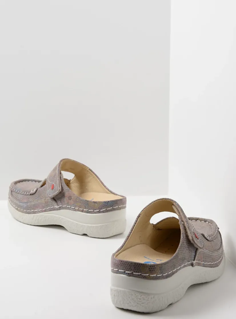 Wolky Roll Slipper - taupe flower<DAMES Slippers|Klompen