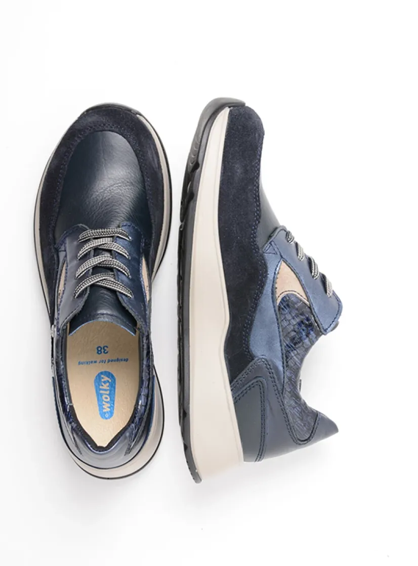 Wolky Sappho - blauw combi leer<DAMES Lage Veterschoenen|Wandelschoenen
