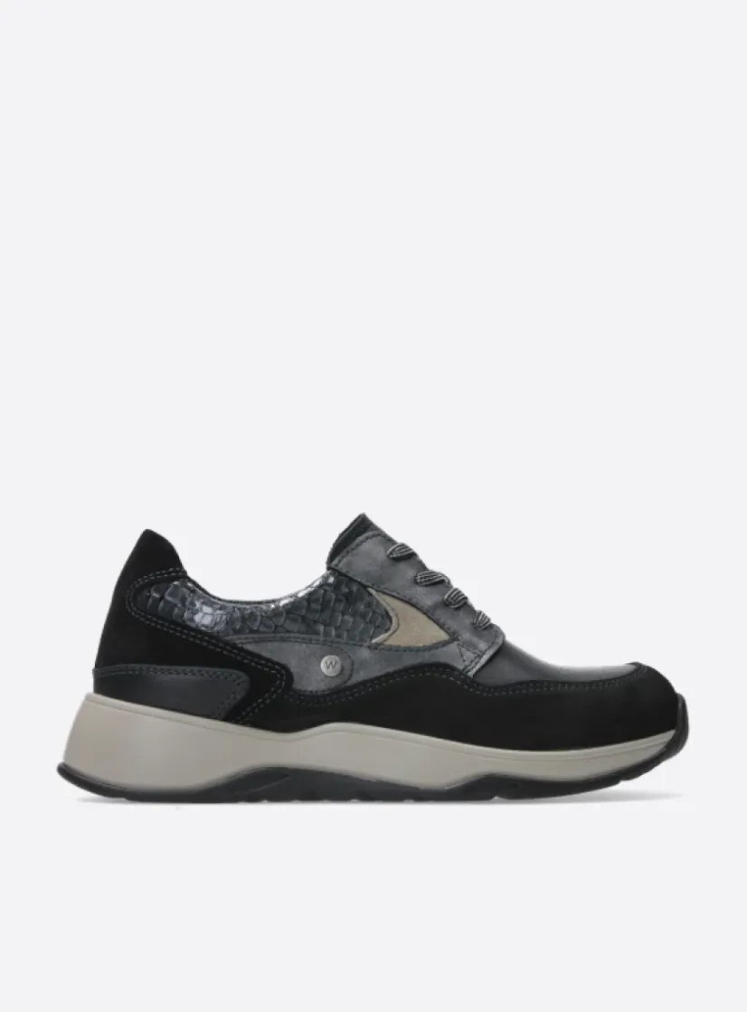 Wolky Sappho - zwart combi leer<DAMES Lage Veterschoenen|Wandelschoenen