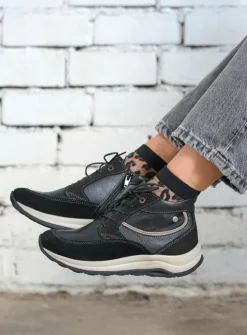 Wolky Scone - zwart combi leer<DAMES Hoge Veterschoenen|Wandelschoenen