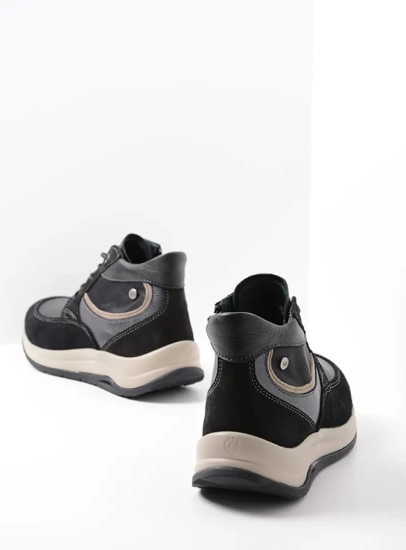 Wolky Scone WR - zwart combi leer<DAMES Hoge Veterschoenen|Wandelschoenen