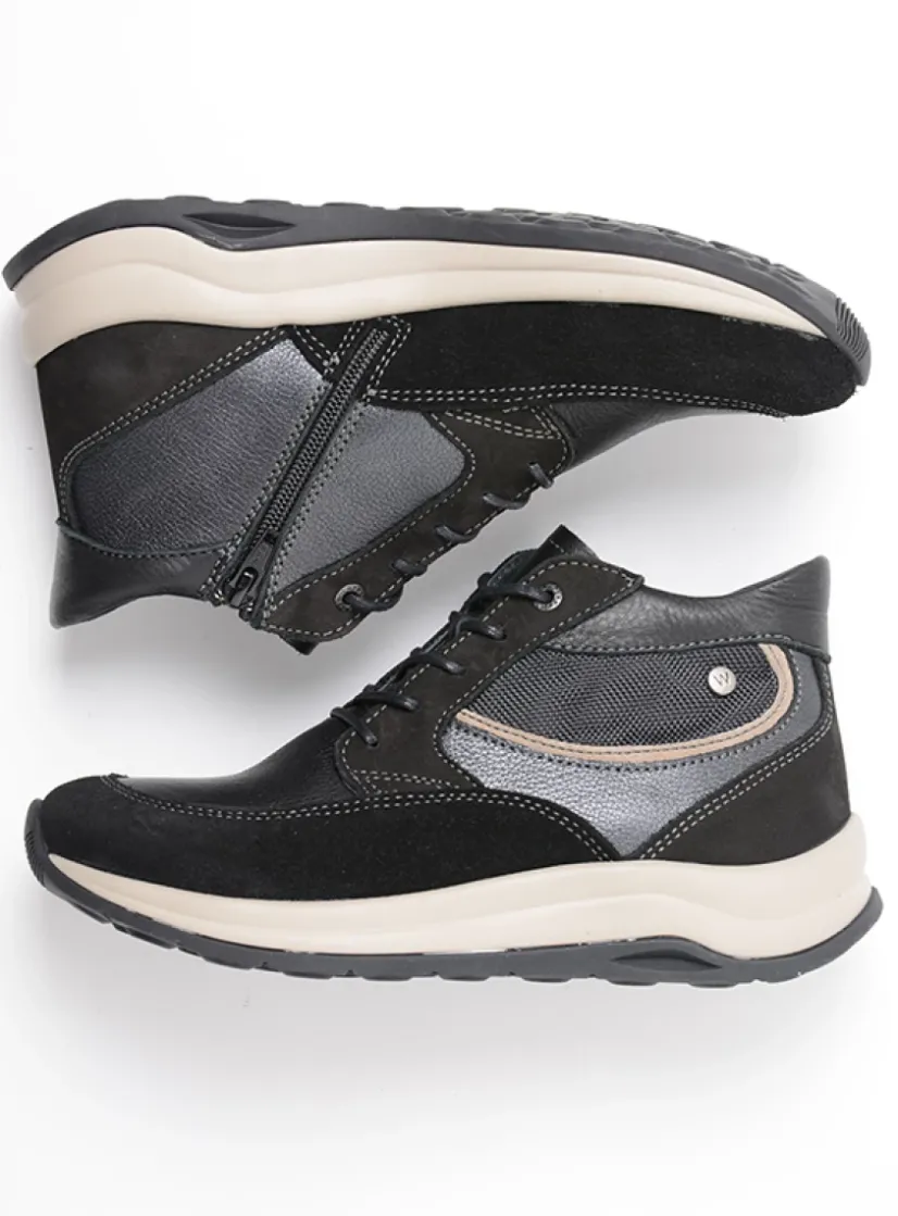 Wolky Scone WR - zwart combi leer<DAMES Hoge Veterschoenen|Wandelschoenen