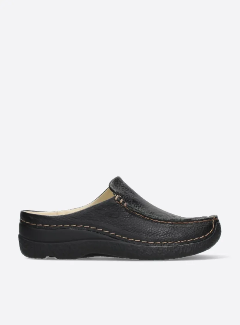 Wolky Seamy Slide - zwart geprint leer<DAMES Slippers|Klompen