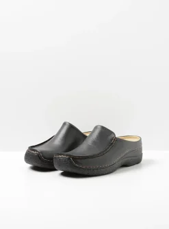 Wolky Seamy Slide - zwart geprint leer<DAMES Slippers|Klompen
