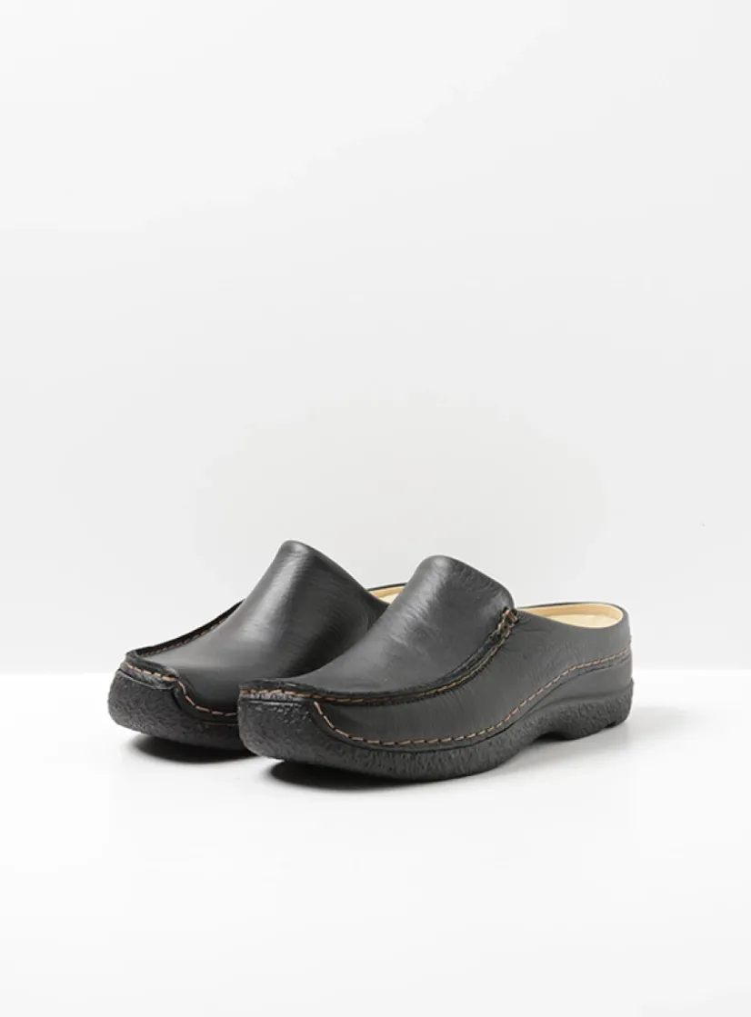 Wolky Seamy Slide - zwart geprint leer<DAMES Slippers|Klompen