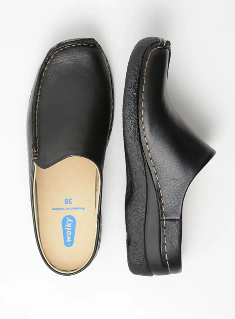 Wolky Seamy Slide - zwart geprint leer<DAMES Slippers|Klompen