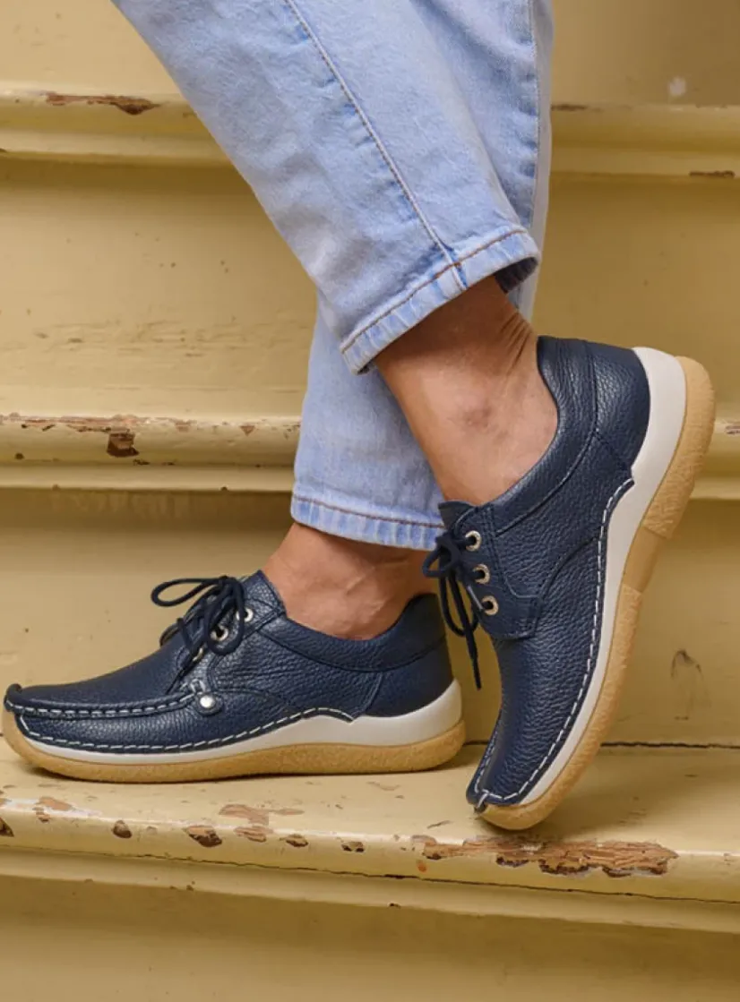 Wolky Taranta - blauw leer<DAMES Lage Veterschoenen|Sneakers