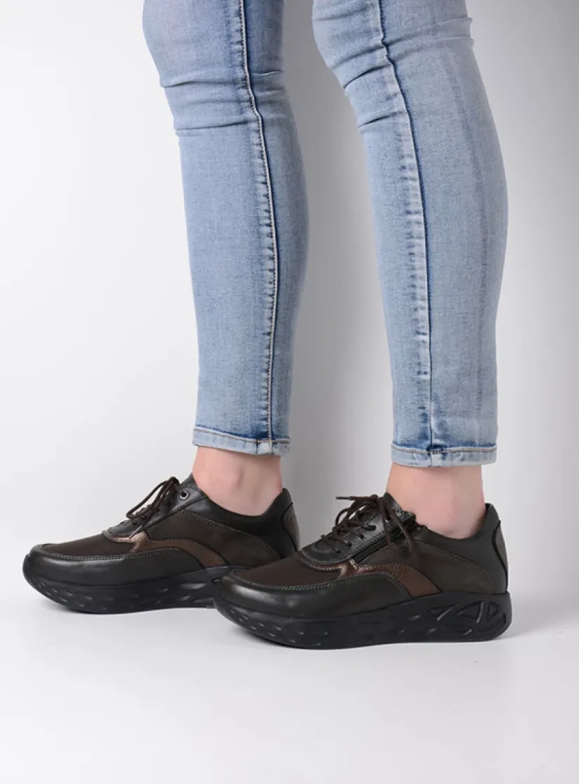 Wolky Vitality S2F - asfalt combi stretch leer<DAMES Lage Veterschoenen|Wandelschoenen