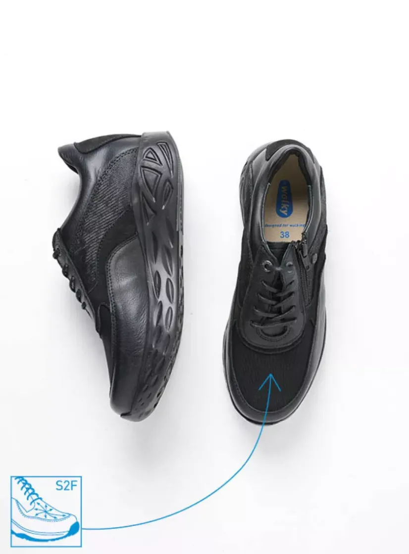 Wolky Vitality S2F - zwart combi stretchleer<DAMES Lage Veterschoenen|Wandelschoenen