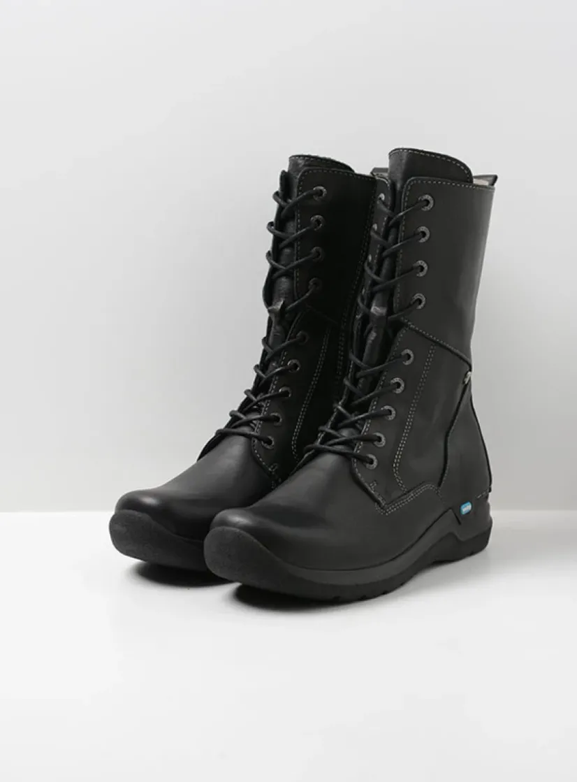 Wolky Zigzag - zwart leer<DAMES Hoge Veterschoenen|Veterlaarzen
