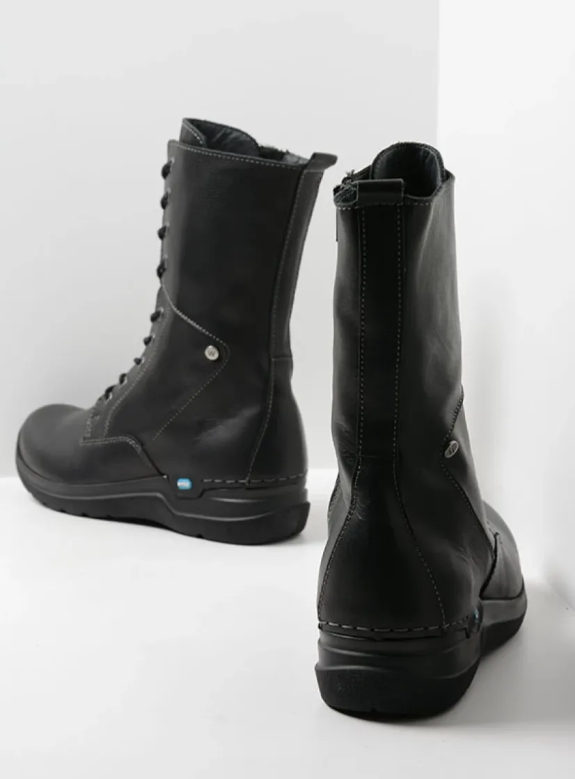Wolky Zigzag - zwart leer<DAMES Hoge Veterschoenen|Veterlaarzen