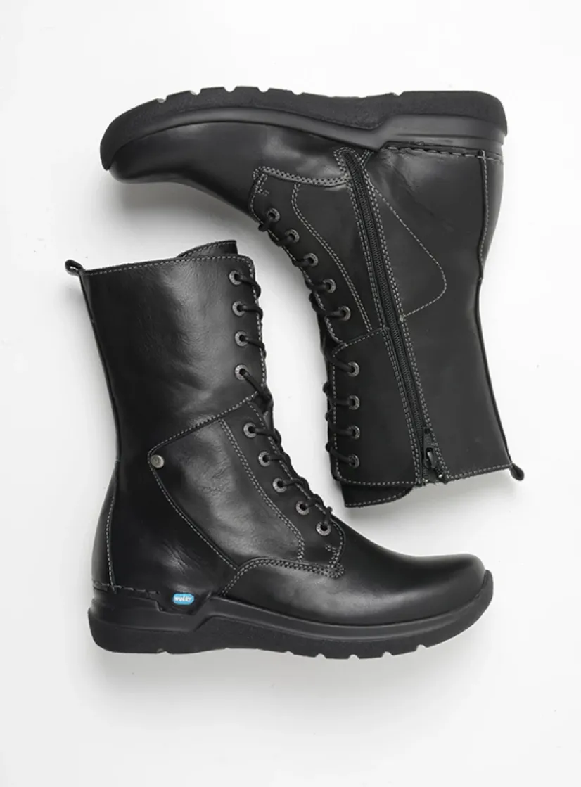 Wolky Zigzag - zwart leer<DAMES Hoge Veterschoenen|Veterlaarzen