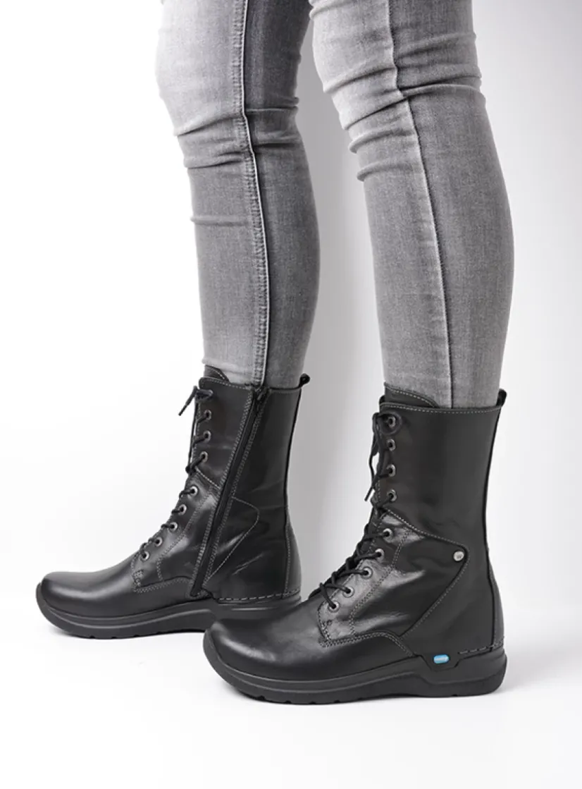 Wolky Zigzag - zwart leer<DAMES Hoge Veterschoenen|Veterlaarzen