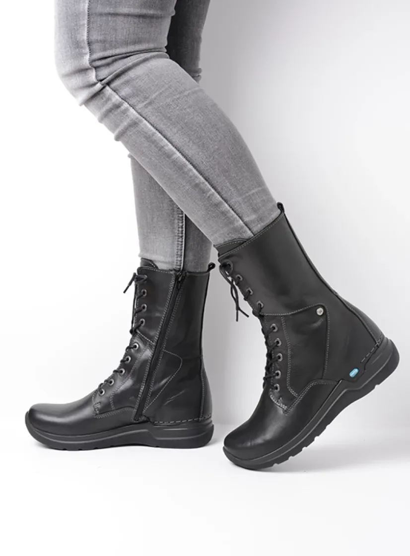 Wolky Zigzag - zwart leer<DAMES Hoge Veterschoenen|Veterlaarzen